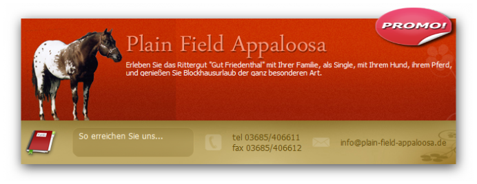 Banner Plain Field Appaloosa – Das Rittergut für den Familien- und Singleurlaub mit Hund und Pferd! Mit Link zur Website.